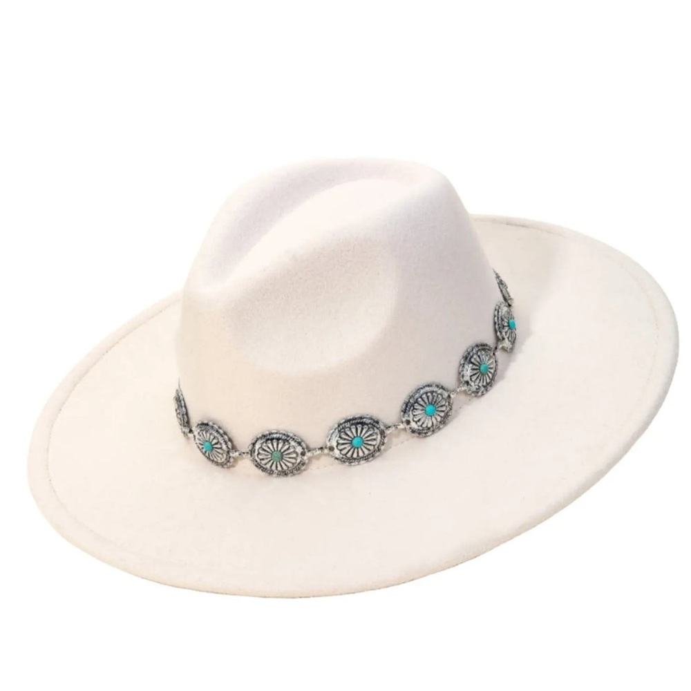 🆕 Elegant Ivory Fedora Hat | Silver Concho Belt | Adjustable | Boho Western Sty - Picture 5 of 6
